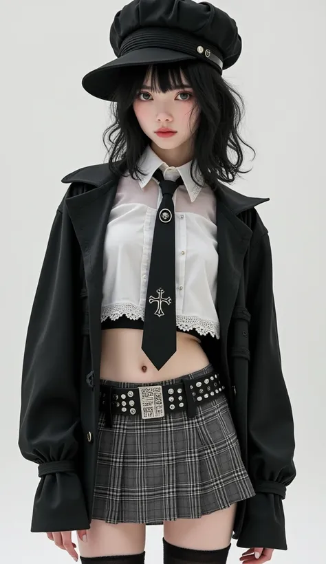 (black newsboy hat),
a hat with a full and voluminous head shape, a hat with a retro and boyish feel,
school uniform, (outerwear is black midriff jacket, long sleeves, black and white multilayer cuffs:1.2), black scalloped lace trim,
(innerwear is white co...