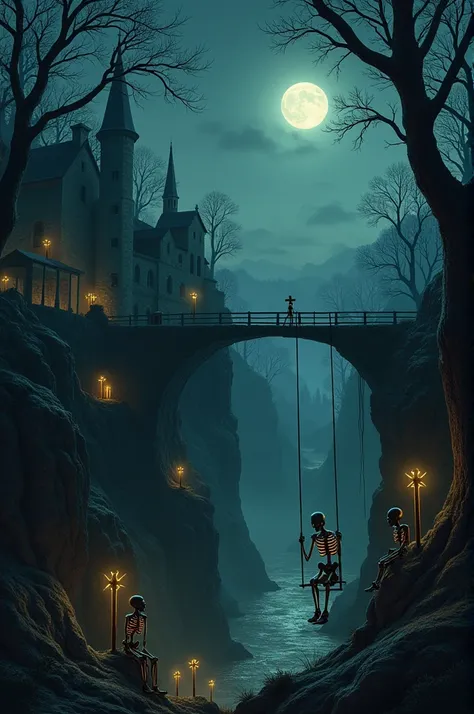 Draw an environment where there will be a forest, a monastic complex, 10 skeletons hanging, a cross around everyones neck (one sitting on a swing, one hanging from a tree that is on the edge of a cliff) lit trees, bridge, canyon, river, underground labyrin...