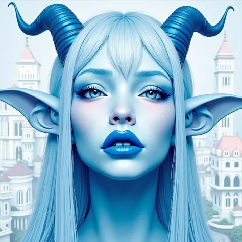 Blue skin like avatar, Has goat horns on his head, Has bat wings on his back, Looking into the camera, Age 30, Straight Long Hair, Japanese women, beautiful, Blue lipstick, nude, Large Breasts, Heavy makeup, Thick lips　Pointed Ears　Glowing Skin　Castle Back...