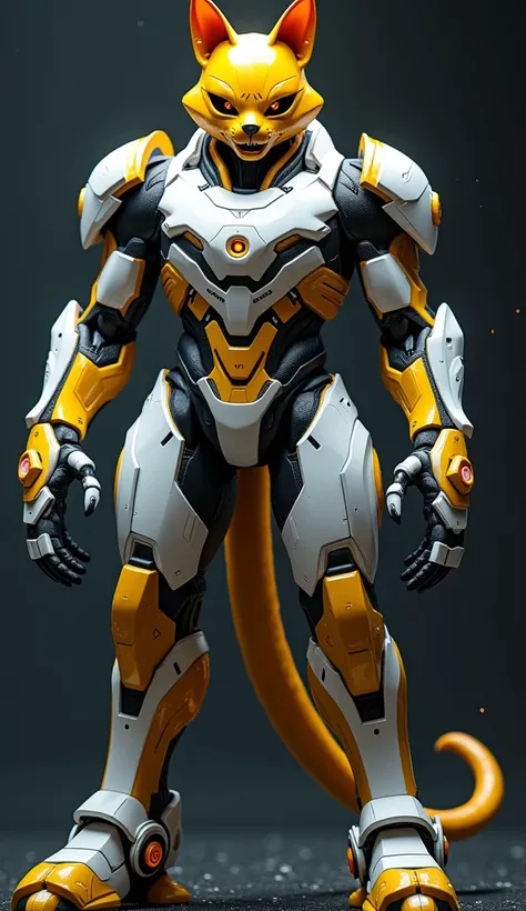 (Highest quality), future, white and yellow exoskeleton asymmetrical suit with backpack, front view face, helmet like orang cat face, matt yellow and white armor,  massive hands, Led,  with like smile 怪しく光る gargle, fangs, clawing, holding light blade, loin...