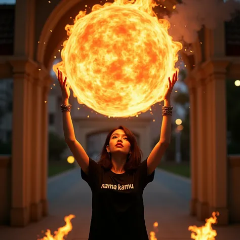 "Portrait of a Beautiful Young Asian Woman, Wearing a black T-shirt with the words NAMA KAMU written on it. She is standing in front of an architectural arch, with a blurred background suggesting an outdoor setting. Her tall arms are raised, palms facing u...