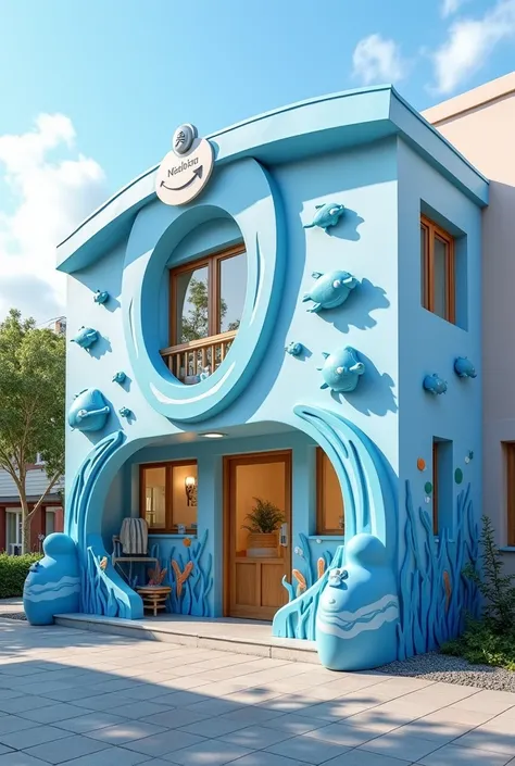 Ocean-themed pediatric clinic facade in shades of blue and white 