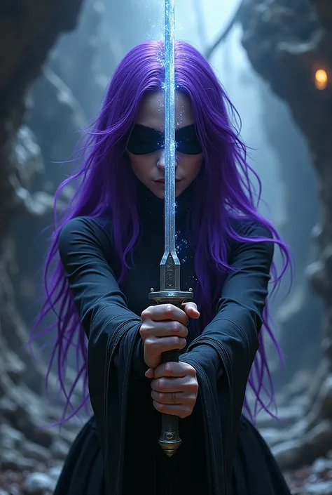 Purple haired woman with a blindfold on her eyes, cutting reality with a sword 