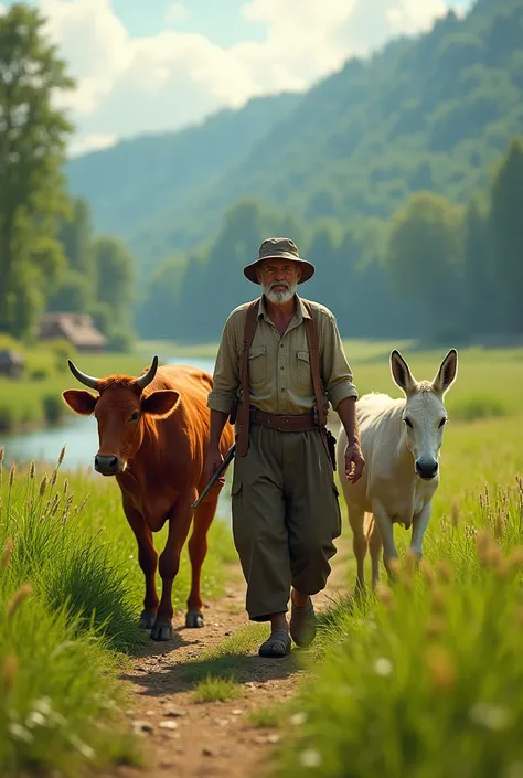 A middle aged poor farmer is leading a red colored cow and a white colored donkey to the field, the field is full of green grass. On one side of the field a river flows and on the other side a forest is visible in the distance.