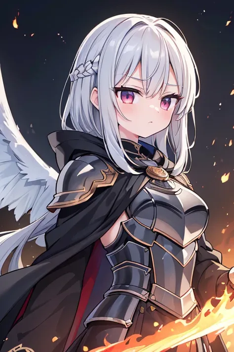 ((Ultra-fine illustrations, 8k, masterpiece :1.2, Sharp focus :1.2, Depth of written boundary:1.2)), Beautiful Swordsman, Absurd, Highly detailed face and skin textures, Silver Hair, Jet Black Armor, Flame Armor, Cloak on Fire, Flaming Sword, Wings of Fire...