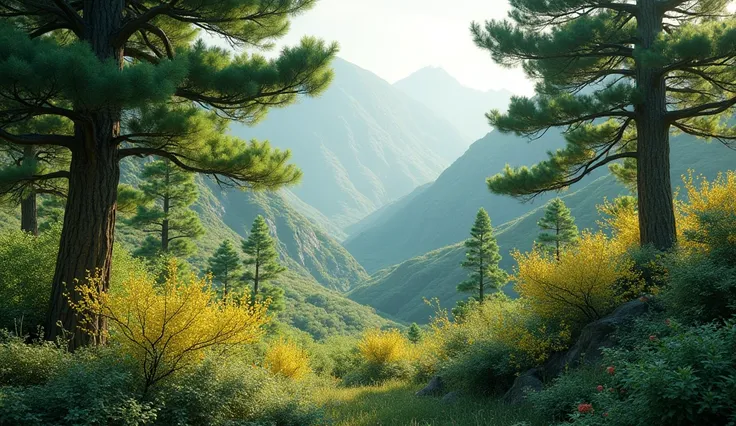 Please help me draw a forest of Qinghai spruce，Berberis chinensis、Honeysuckle and Cotoneaster