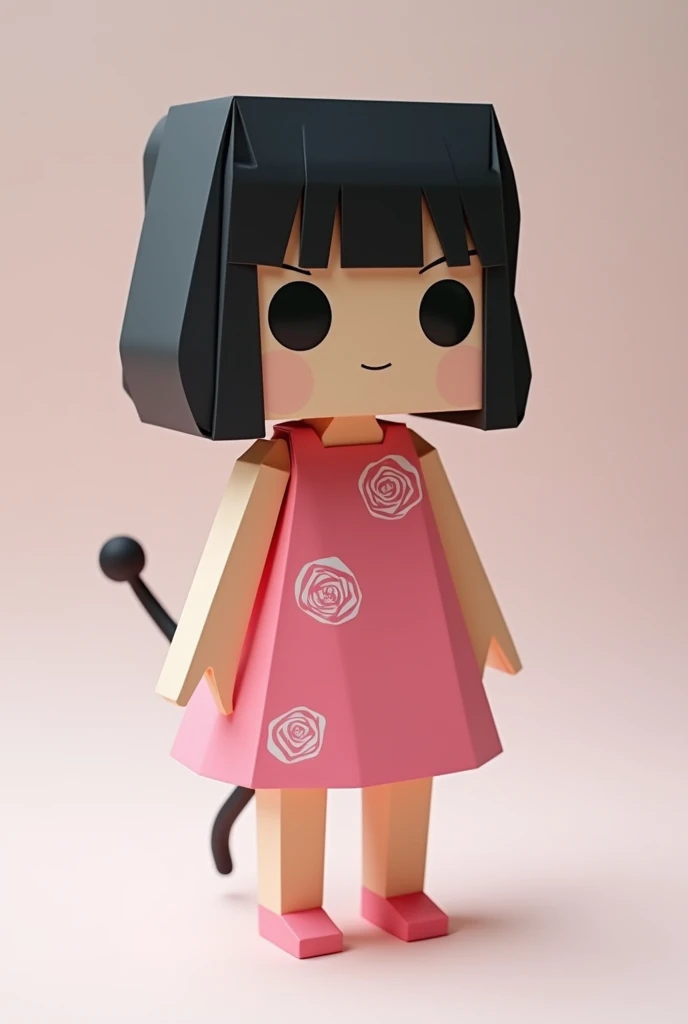 Generate for me an image of a girl with short straight hair that has a tail with a pink dress with rose designs But that is a real girl that is in Funko pop format but designed in papercraft the hair color is black and from the face to the feet it has to b...