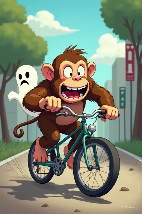 The monkey character is seen throwing his bicycle away in panic, mid-run, with an exaggerated expression of fear and surprise, while the ghost is still in the background, looking playful rather than scary.