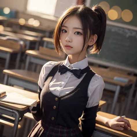 
Masterpiece, 4K, bokeh, school uniform, Beautiful girl, (idle:1.6), (Bob hair:1.3), (close up:1.3), classroom, sunset, Looking at the viewer, ソロ, ソロ, 