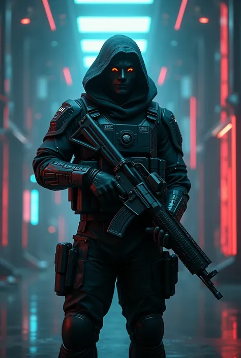 An image of an armed soldier with an anonymous mask and a cyber background 