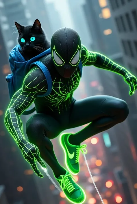 Spiderman in a black suit with the cobwebs of the phosphorescent green suit and his white eyes swinging through the city with a furry black cat with phosphorescent shiny blue eyes in a blue backpack and dark green Nikes (the very bright green throughout th...