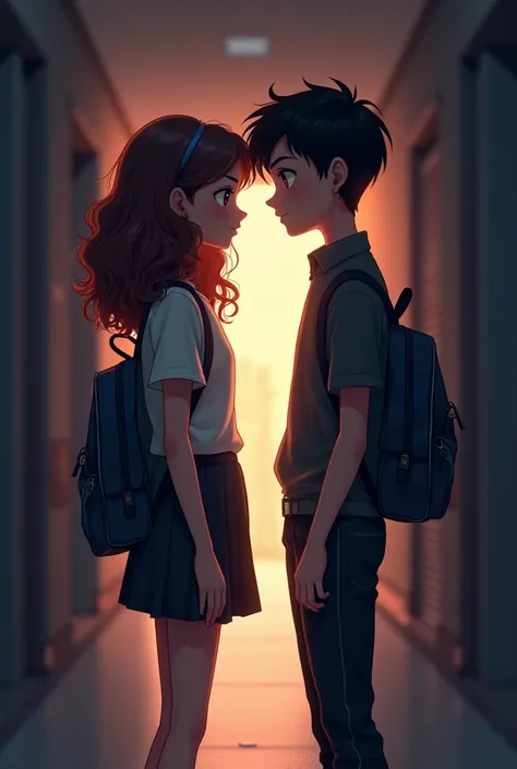 a beautiful teenage boy and girl on the third aisle of the school building at night confess their feelings to each other the boy has black hair and the girl has curl and brown hair 
