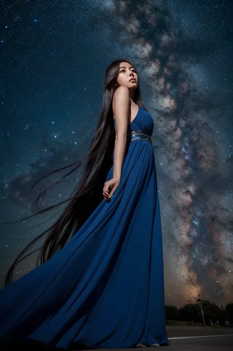 Full body, WS zoom out wide shot, long hair big eyes lovely woman is look up at the cosmos blue sky. She looking for her lover. milky-way in the sky The background is the street and the winds is brewing make her hair flow smoothly. the sky ratio in picture...