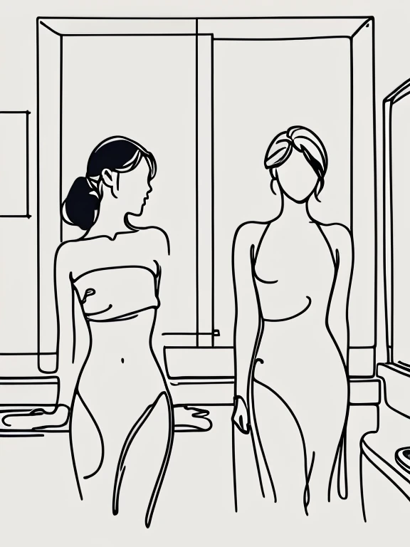 Minimalist images, minimalist art, minimalism, minimalist art that achieves more with less, (two women posing naked in a bathroom, tdrawn with simple lineswo girls, cute girls, two Japanese schoolgirls, small breasts, boobs), beautiful girls, small breasts...