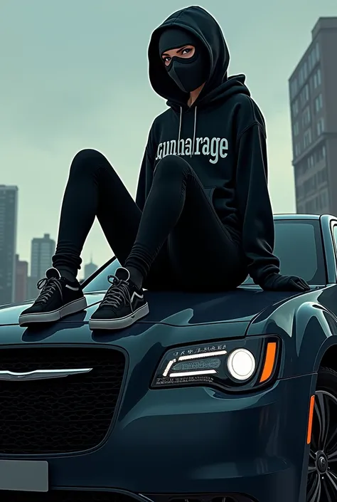 Woman with ski mask,sits on car roof,chrysler 300c ,hoodie with angarage font,black pants,black sneakers,anime,manga,from the side, angarage text on hoodie