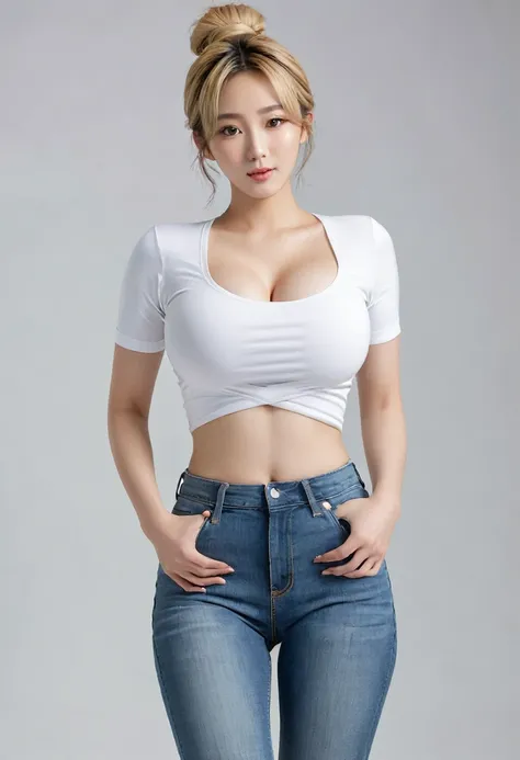 a hot adult woman, korean idol, realistic human anatomy,  blonde hair, messy bun hairstyle, exquisite face, glossy lips, sexy bo...