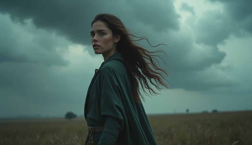 A beautiful girl walks under stormy clouds. The expression on her face appears confident. side medium shot angel