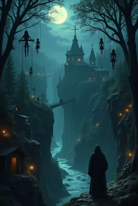 Draw an environment where there will be a forest, a monastic complex church,skeletons hanging, a cross around everyones neck (one sitting on a swing, one hanging from a tree that is on the edge of a cliff) lit trees, bridge, canyon, river, underground laby...