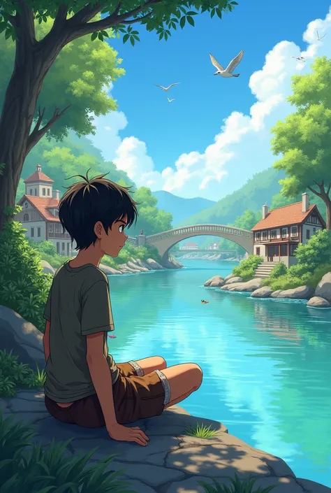 A peaceful river flowing lazily through the village. Veer a teen boy with torn shirt and short in little brown colour..sits by the riverbank, looking at the crystal-clear water that reflects the bright blue sky, while birds chirp in the trees above.