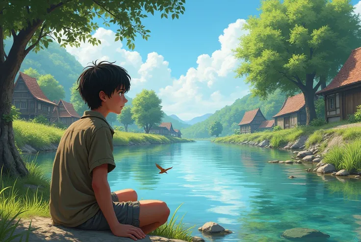 A peaceful river flowing lazily through the village. Veer a teen boy with torn shirt and short in little brown colour..he is poor..sits by the riverbank, looking at the crystal-clear water that reflects the bright blue sky, while birds chirp in the trees a...