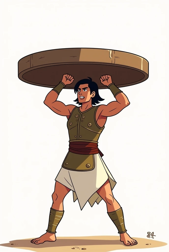 Based on this image, can you generate an image of Abhimanyu wearing Armor fighting in the chakravyuha holding a wheel over his head in a minimalist cartoon style? Make the subject brighter and the background white... Let him be standing on the ground in an...