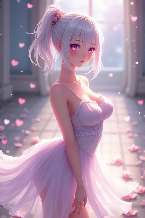 Create a female anime character, she has a great body, has huge breasts and a big ass, she has white hair and purple eyes, has fair skin, she is wearing a delicate dress and she is in a ballet 