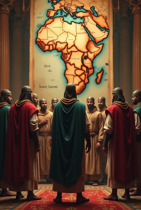 the islamic warriors set in front of Africa map in his office in spain in 700