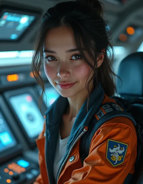 A beautiful 24 yo Intergalactic Spaceship Cargo Pilot [Kaya Scodelario:Sigourney Weaver:0.35], looking passionately at the viewer with friendly smile, detailed face, at her commanding bay at the starship, insanely detailed and intricate, UHD, best quality,...