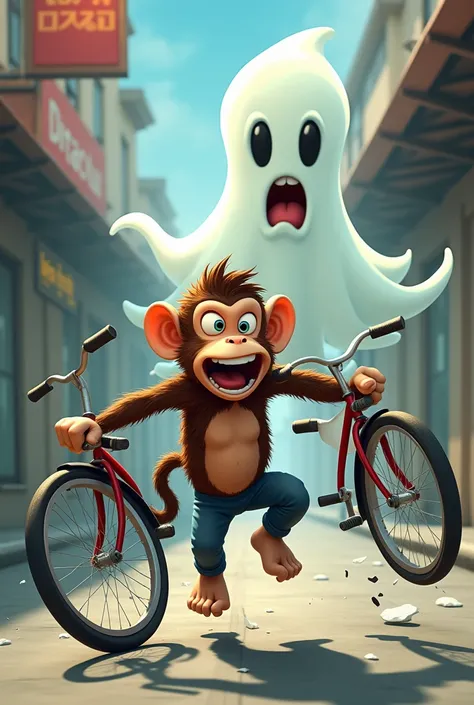 Image 3: The monkey character is seen throwing his bicycle away in panic, mid-run, with an exaggerated expression of fear and surprise, while the ghost is still in the background, looking playful rather than scary.