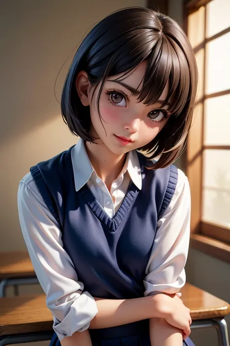 best quality, face focus, soft light, ultra high res, (photorealistic:1.4), RAW photo, 1japanese girl, solo, cute, (shy smile:0.5), (brown eyes, lights in the eyes), detailed beautiful face, (small chest),(high resolution detail of human skin texture), (sh...