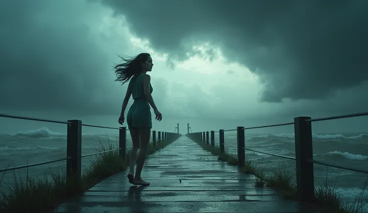 A beautiful girl walks under stormy clouds. walk on footbridge, The expression on her face appears confident. side long shot frog eye angel from under footbridge