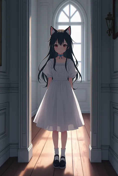 Anime  teenage girl, with cat ears, hair color mix of black and white strands, cat collar, white dress, black shoes, white socks, inside a mansion with white walls and wooden floors, high quality lighting, low lighting, dark lighting..