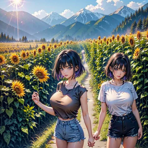 A beautiful teenage girl with short hair, purple eyes, wearing a thin light brown T-shirt and shorts, standing in the middle. Behind her is a field of sunflowers, mountains, and a beautiful sun.