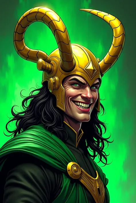 Loki comic style, with neon green colors , He has a golden helmet with two horns., He is smiling evilly 