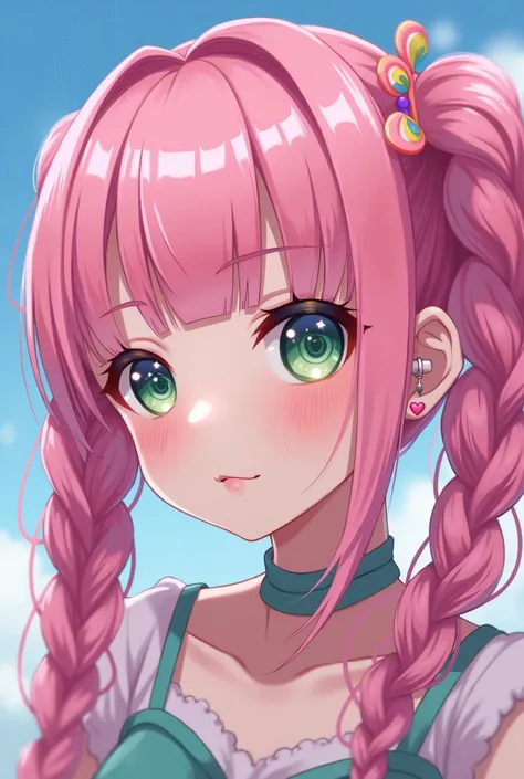 Hairstyle: Pigtails Hair color: Pastel pink Inner color: Light blue Eye color: Dark green and ultramarine gradation Stars in eyes Right side of bangs is braided Small heart-shaped earring in ear Age: 18 Short but stylish Background: Colorful