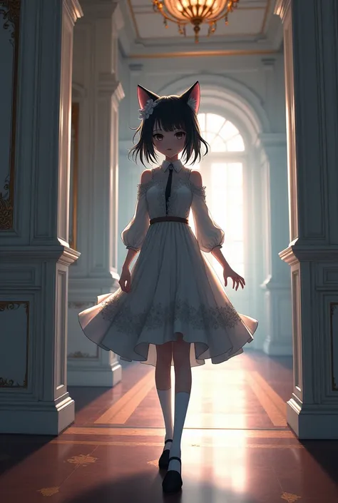 Anime  teenage girl, with cat ears, hair color mix of black and white strands, red cat collar, elegant dress, black shoes, white long socks, inside a mansion with white walls and wooden floors, high quality lighting, low lighting, dark lighting..