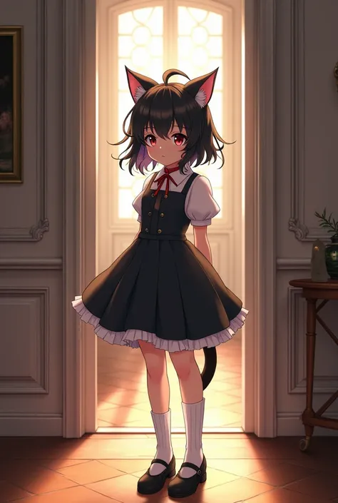 Anime  child girl, with cat ears, hair color mix of black and white strands, red cat collar, elegant dress, black shoes, white long socks, inside a mansion with white walls and wooden floors, high quality lighting, low lighting, dark lighting..