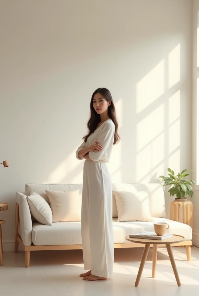 You are a beautiful, minimalist young woman.、(This is your living room. What furniture do you have there? Choose furniture that is suitable for minimalists.:1.2)、(Make sure your background is minimalist too)、