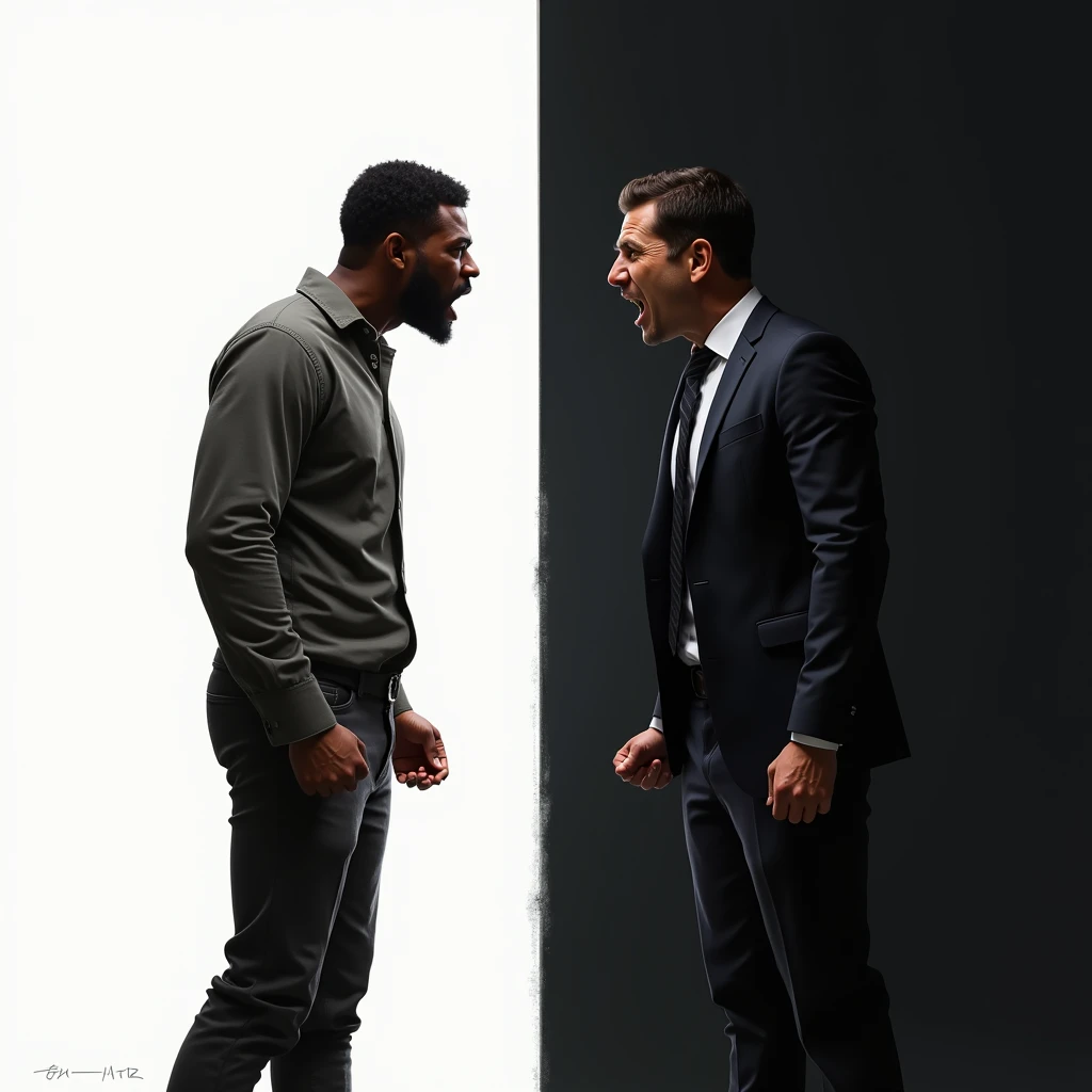 A black man on a white background arguing with a white man on a black background