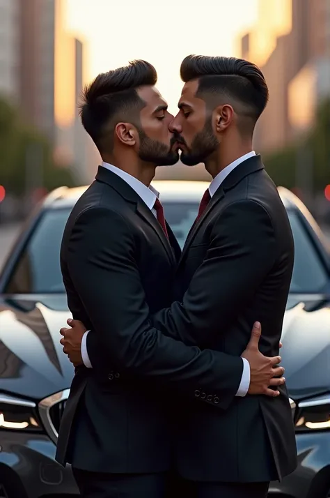 Two man kissing infront of a bmw f30