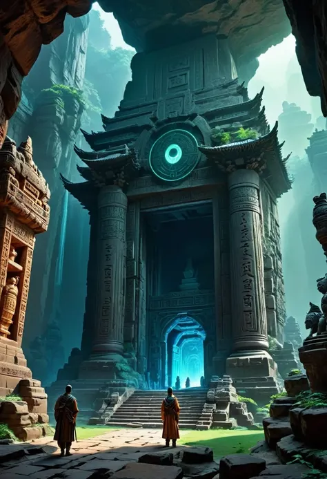 A fantasy underground cave, the ruins of an alien civilization, a mysterious tomb, a metallic sarcophagus, hidden treasure, glowing coins, terracotta warriors, ancient relics, antiques, alien carved totems, futuristic technology, eerie magical powers, unkn...