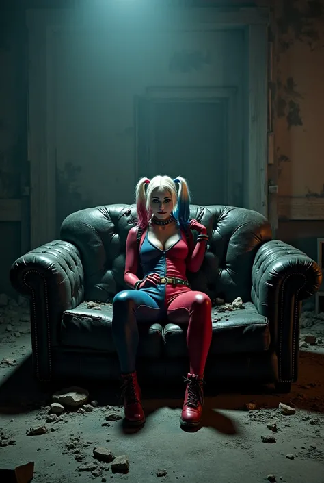 Harley Quinn sitting on a ripped destroyed black leather sofa