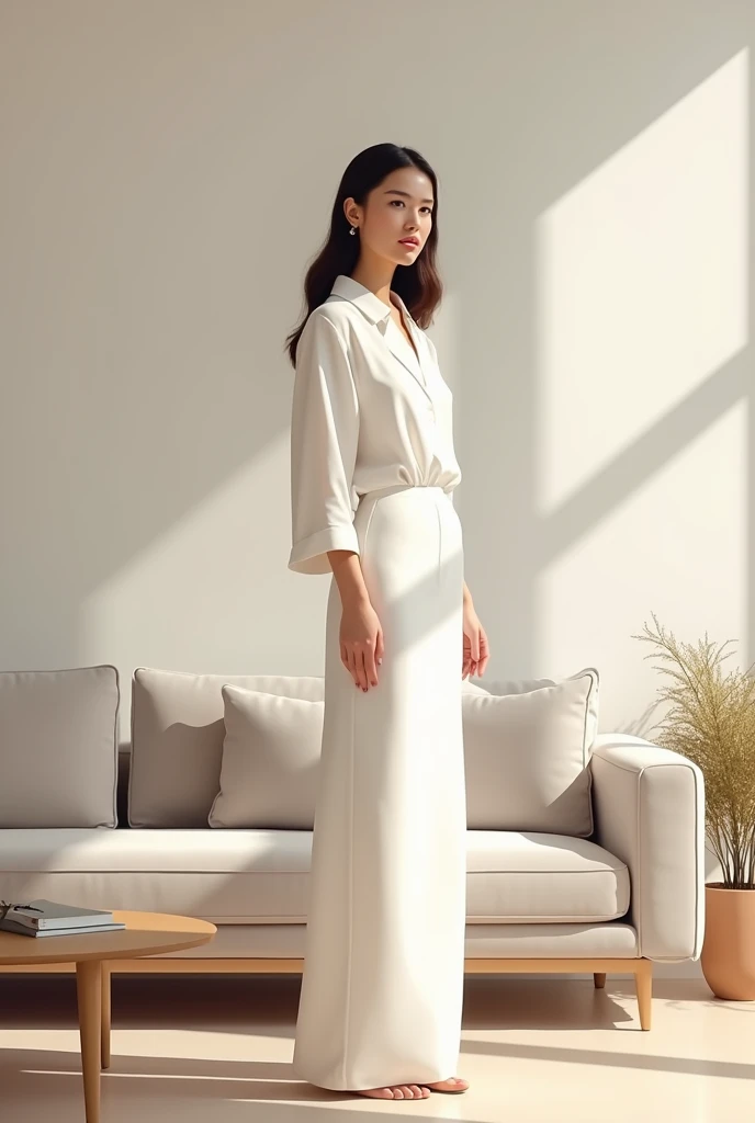 You are a beautiful, minimalist young woman.、(This is your living room. What furniture do you have there? Choose furniture that is suitable for minimalists.:1.2)、(Make sure your background is minimalist too)、