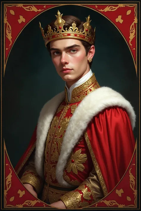 realistic drawing of a young man with brown hair and brown eyes, wearing a royal outfit and a crown, inside a jack of cards