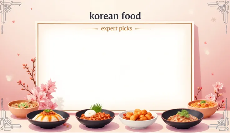 A beautiful, elegant design for a Korean food recommendation thumbnail. The background is a soft pink gradient with subtle Korean traditional patterns and floral motifs. In the center, a white frame with the text "Korean Food Expert Picks! Your 3 Favorites...