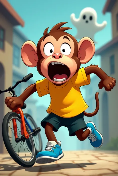 A cartoon monkey character with a round face and large expressive eyes, wearing a yellow t-shirt, black shorts, and blue sneakers,
The monkey character is seen throwing his bicycle away in panic, mid-run, with an exaggerated expression of fear and surprise...