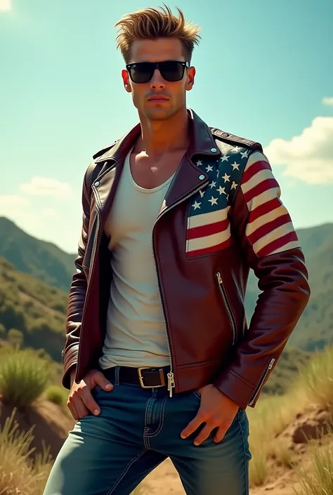 Young adult Jean Claude Van Damme wearing a americcan flag styled leather jacket and black sunglasses at a hill sunny day