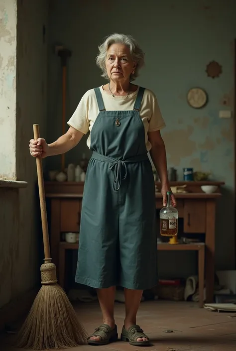 Cleaning lady with alcohol and broom in hand 