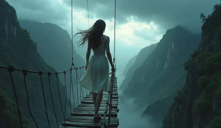 A beautiful girl walks under stormy clouds. walk on rope bridge. Low angle side shot from below the bridge