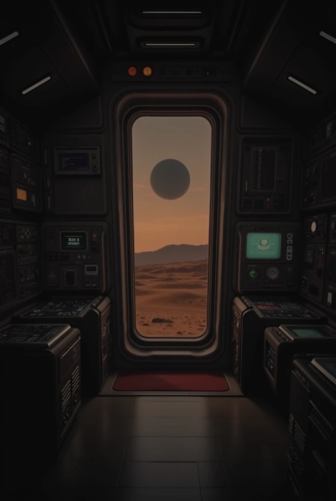 exterior of a spaceship. Through the windows you can see the landscape of an alien planet, the entire space is full of work consoles with electronic devices and screens, full-HD